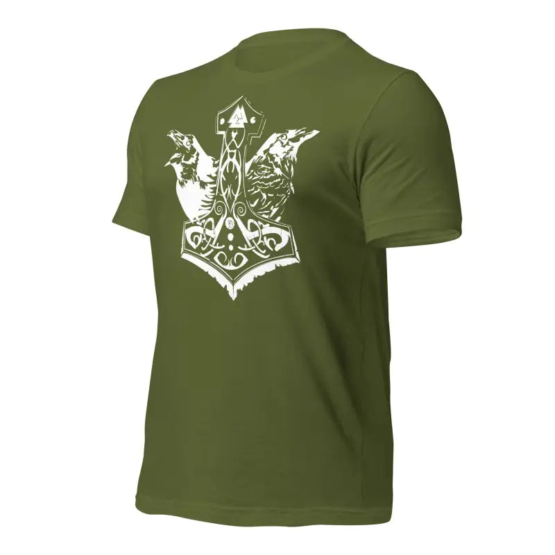 Olive green t-shirt featuring white Mjölnir design and ravens graphic on the chest