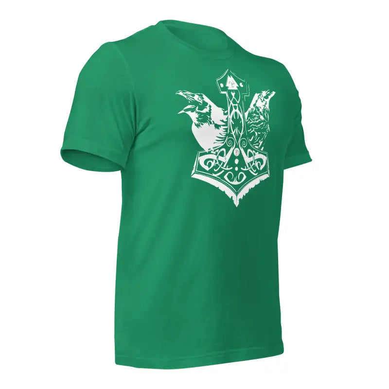 Green t-shirt featuring medieval white eagle crest design for Mjölnir & Ravens collection