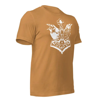 Brown t-shirt featuring a white decorative eagle emblem, inspired by Mjölnir & Ravens