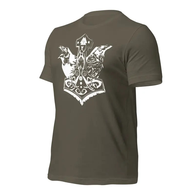 Olive green t-shirt with white Mjölnir and ravens design, showcasing Norse mythology