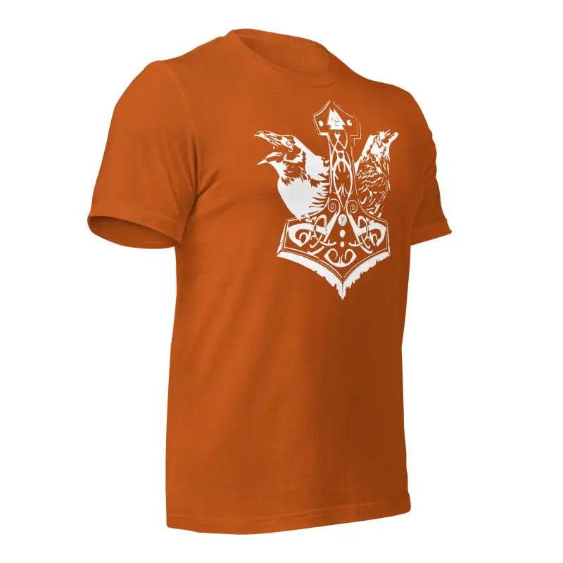 Burnt orange t-shirt featuring white tribal eagle design from Elegance of Odin’s Ravens