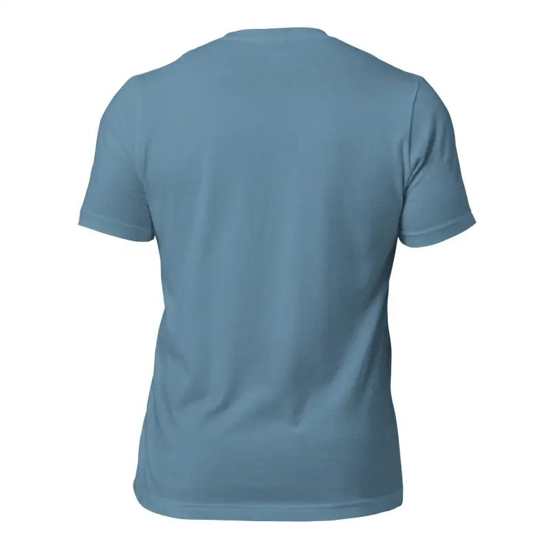 Plain blue short-sleeved t-shirt back view featuring White Mjölnir and Ravens design