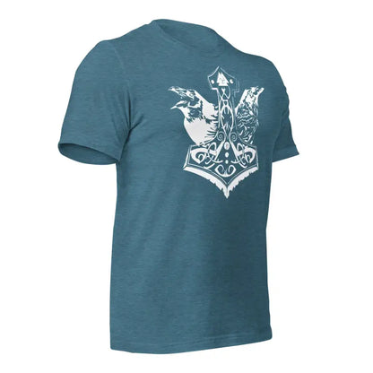 Teal t-shirt featuring white eagle emblem inspired by Mjolnir and ravens design