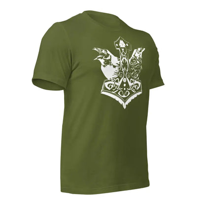 Olive green T-shirt featuring white heraldic eagle design from Mjölnir & Ravens collection