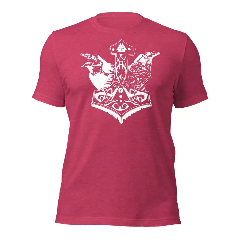 Pink T-shirt with white Mjölnir and ravens design inspired by Norse mythology