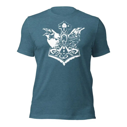 Teal T-shirt with white Mjölnir and ravens design, featuring Odin’s elegance