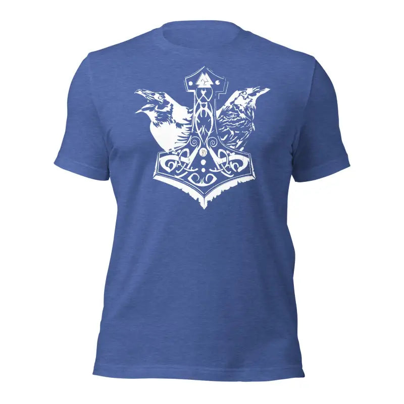 Blue t-shirt with white Mjölnir and ravens design, showcasing Norse mythology