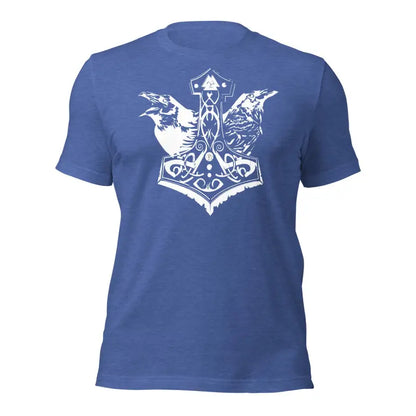 Blue t-shirt with white Mjölnir and ravens design, showcasing Norse mythology