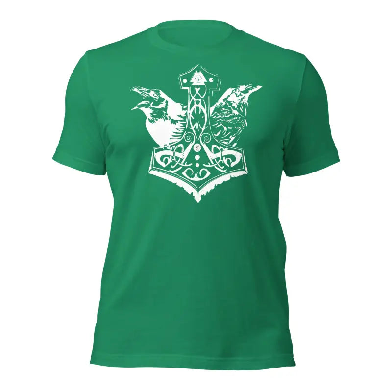 Green t-shirt with white Mjölnir and ravens design, embodying Norse mythology elegance