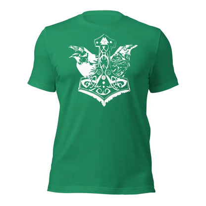 Green t-shirt with white Mjölnir and ravens design, embodying Norse mythology elegance