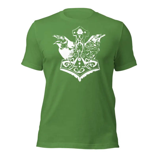 Green t-shirt with white Mjölnir and ravens design, showcasing Norse mythology