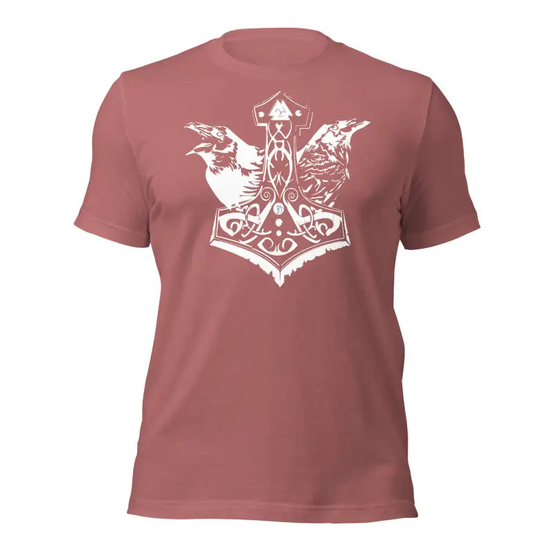 Mauve T-shirt showcasing a white Mjölnir design with ravens for a stylish look