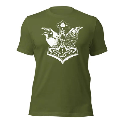 Olive green t-shirt featuring white Mjölnir and ravens design for Norse mythology fans