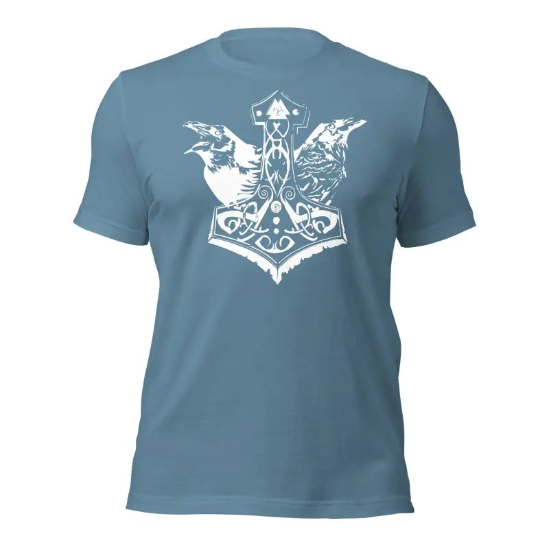 Blue t-shirt with white Mjölnir and ravens design, showcasing Norse mythology