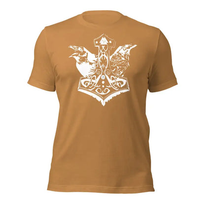 Brown t-shirt featuring a white Mjölnir design with dragons and ravens for Norse mythology fans