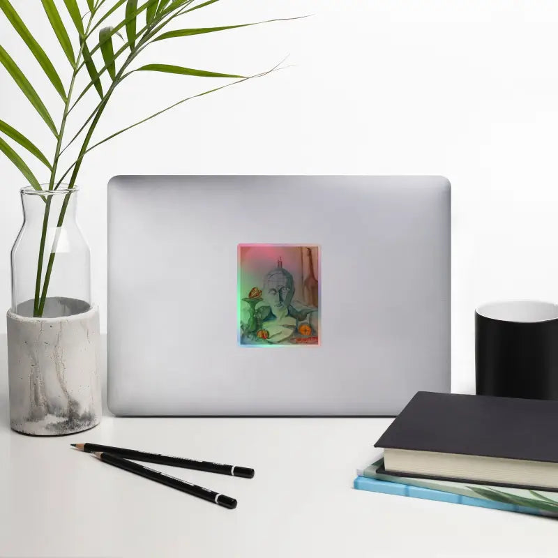 Silver laptop adorned with an enchanting Stillness of Phrenology holographic kiss-cut sticker