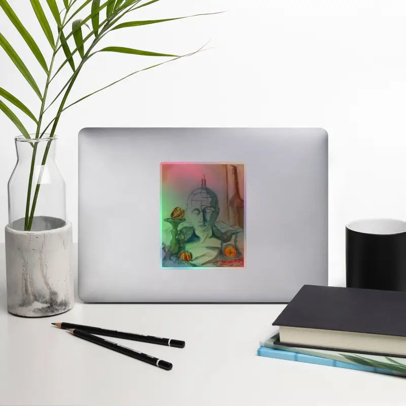 Silver laptop featuring a colorful Buddha sticker from the Enchanting Stillness collection