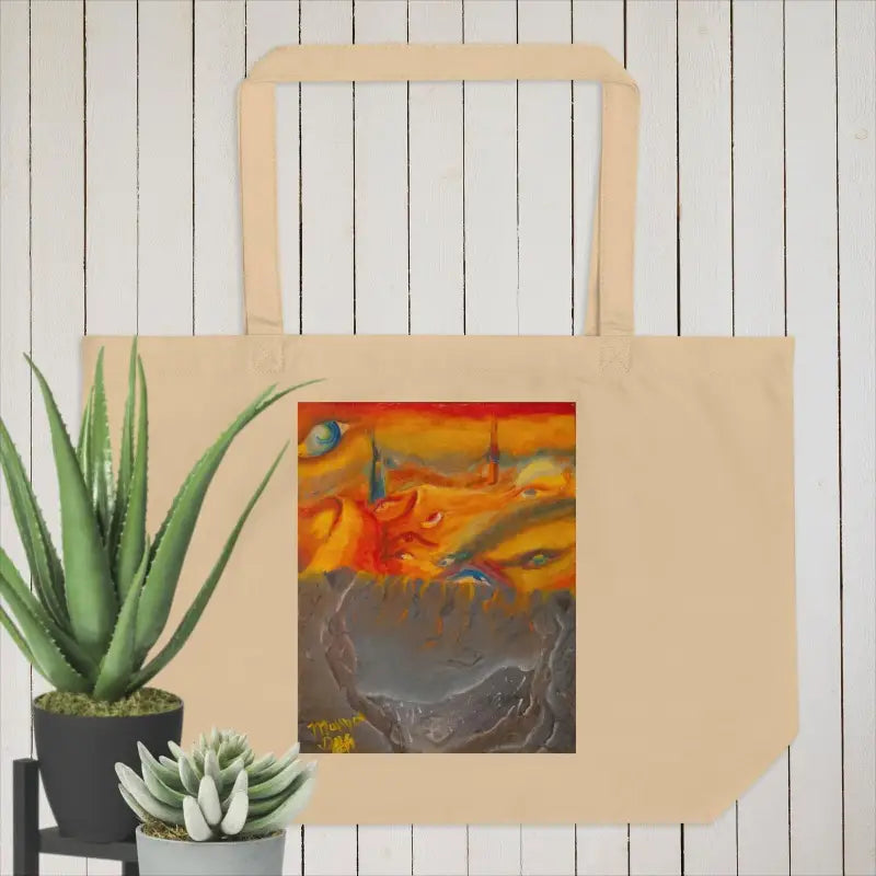 Beige organic cotton tote featuring abstract orange and gray artwork for artistic flair