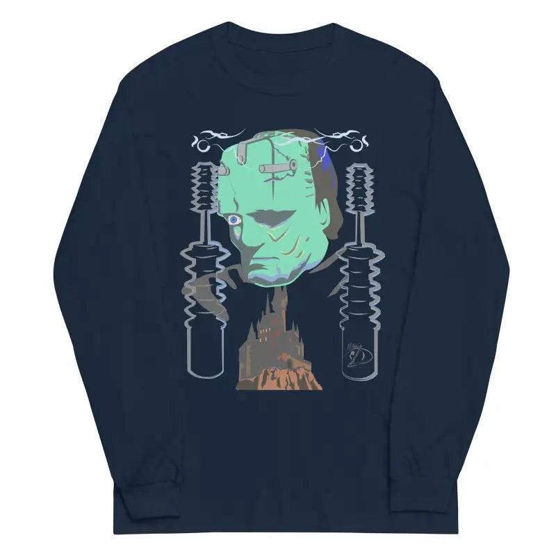 Navy blue long sleeve shirt featuring a retro Frankenstein’s monster design on the back