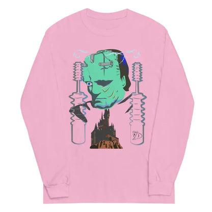 Pink long sleeve shirt with a Frankenstein’s monster graphic and lightning bolts design