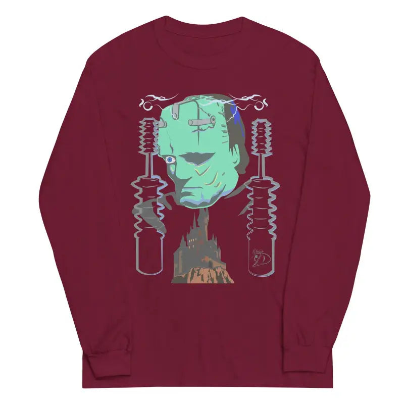 Maroon long sleeve shirt with a Frankenstein graphic and electrical component design