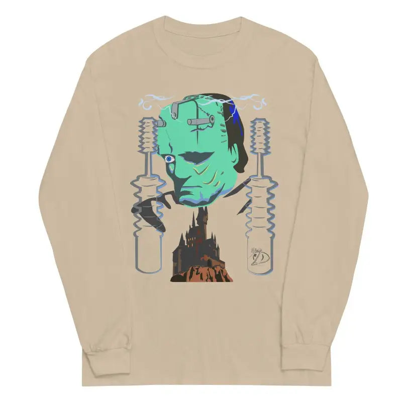 Beige long sleeve shirt featuring Frankenstein’s monster graphic design for autumn fashion