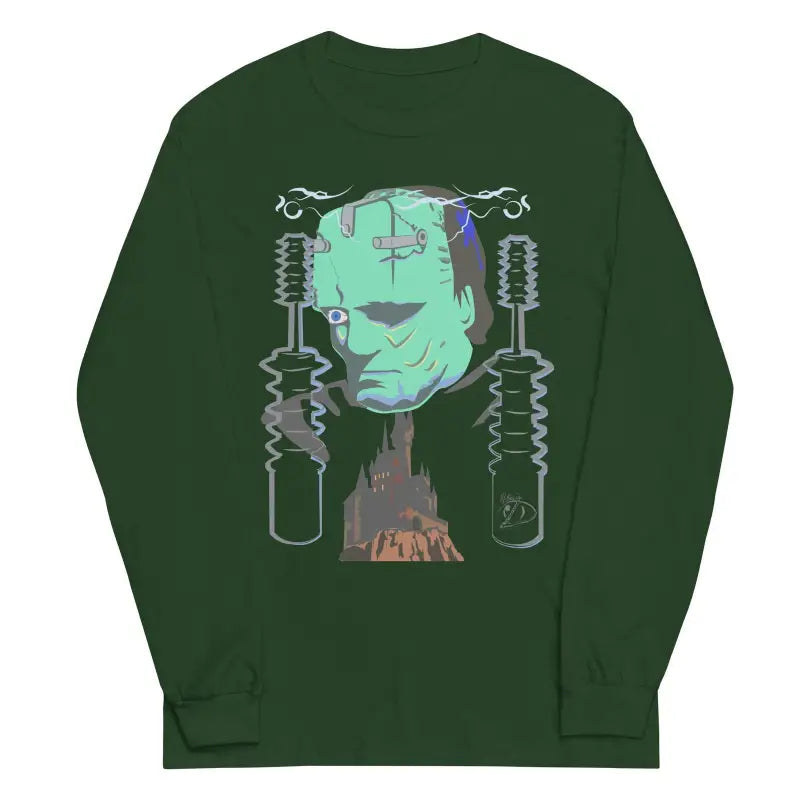 Dark green long sleeve shirt featuring a retro Frankenstein’s monster graphic design