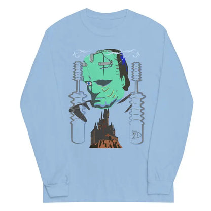 Light blue long sleeve shirt featuring a retro Frankenstein’s monster graphic design