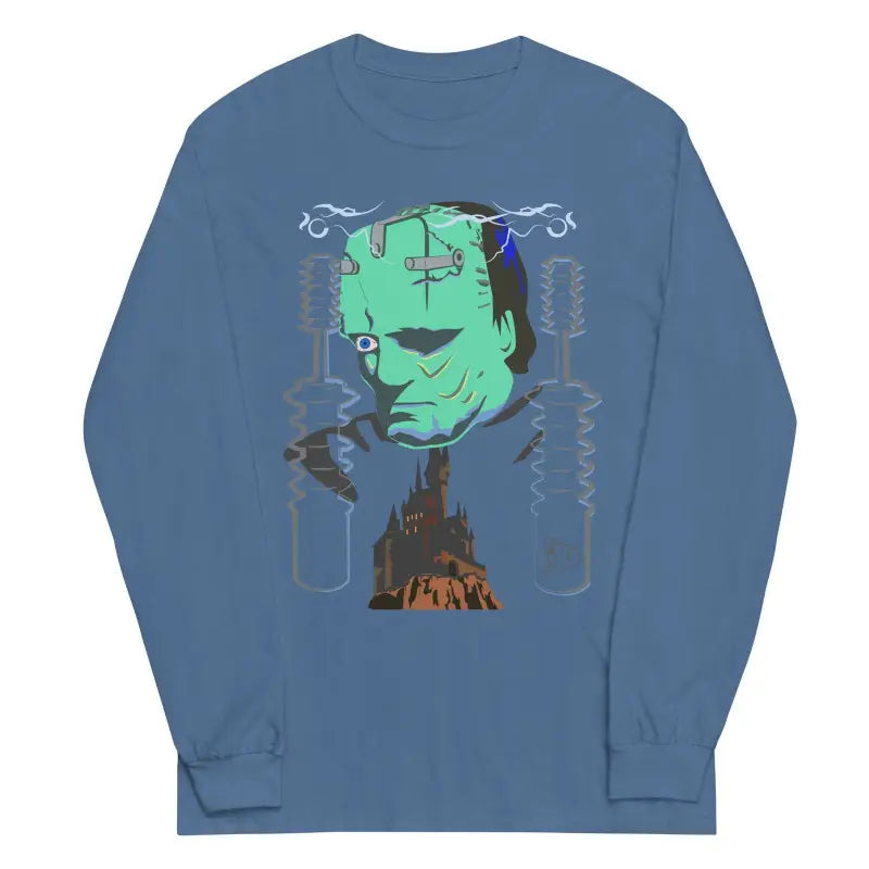 Blue long sleeve shirt with a graphic design of Frankenstein’s monster and lightning bolts