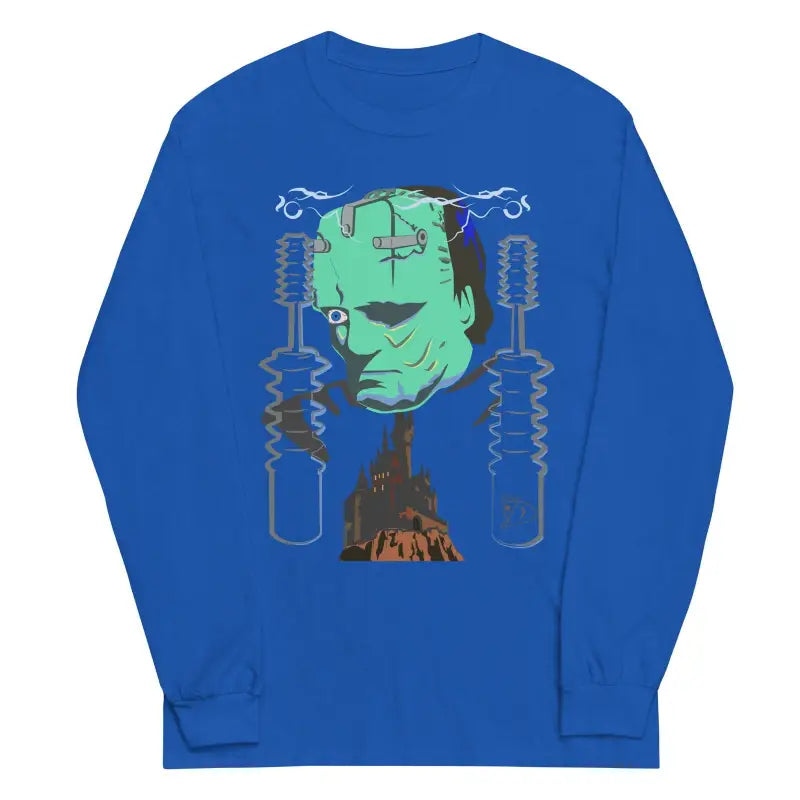 Royal blue long sleeve shirt featuring Frankenstein monster head graphic design