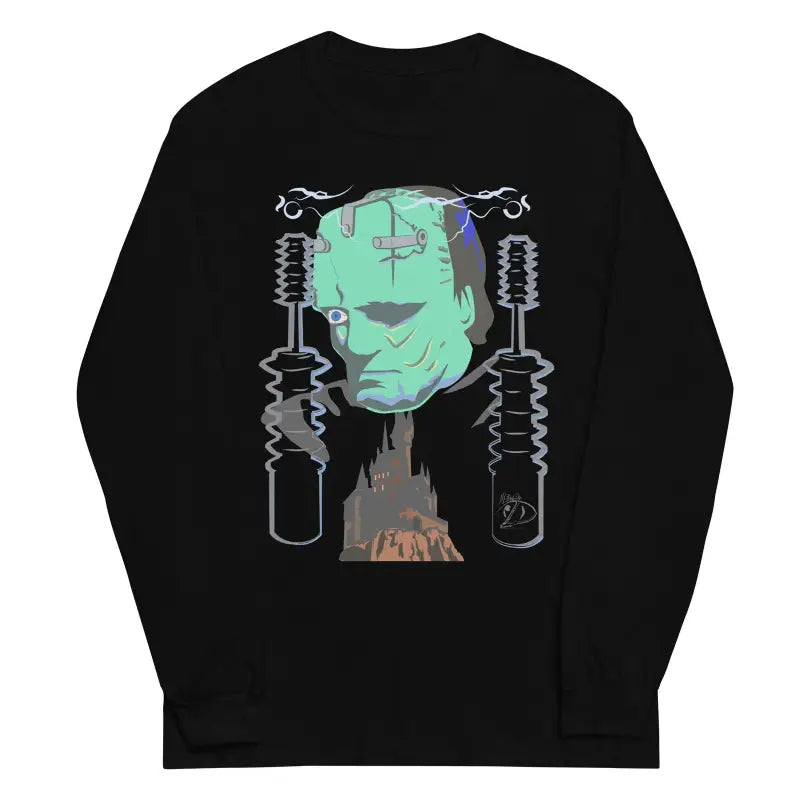 Black long sleeve shirt featuring a Frankenstein graphic design with mechanical components