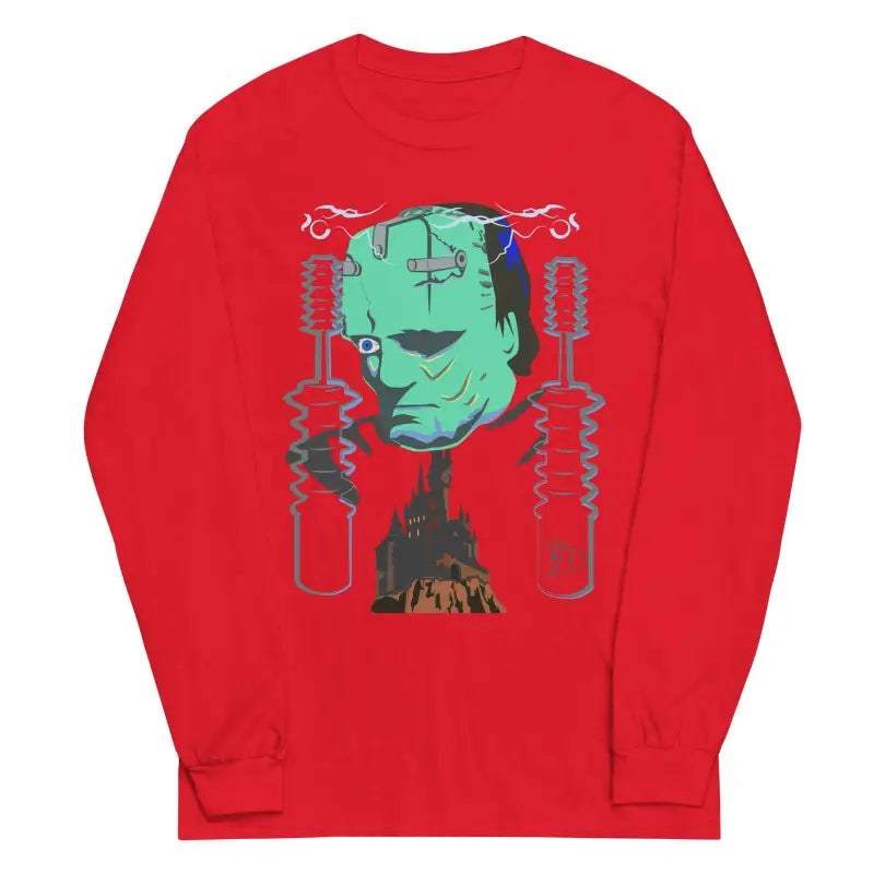 Red long sleeve shirt featuring a Frankenstein’s monster graphic with electrical coils