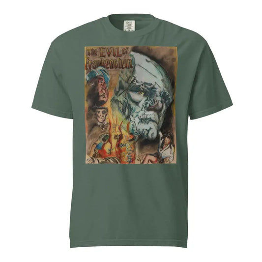 Green t-shirt with artistic portrait artwork in earthy tones, unisex garment-dyed heavyweight