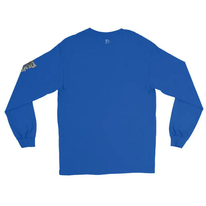 Royal blue long-sleeve tee for men featuring patch, perfect for classic horror fans