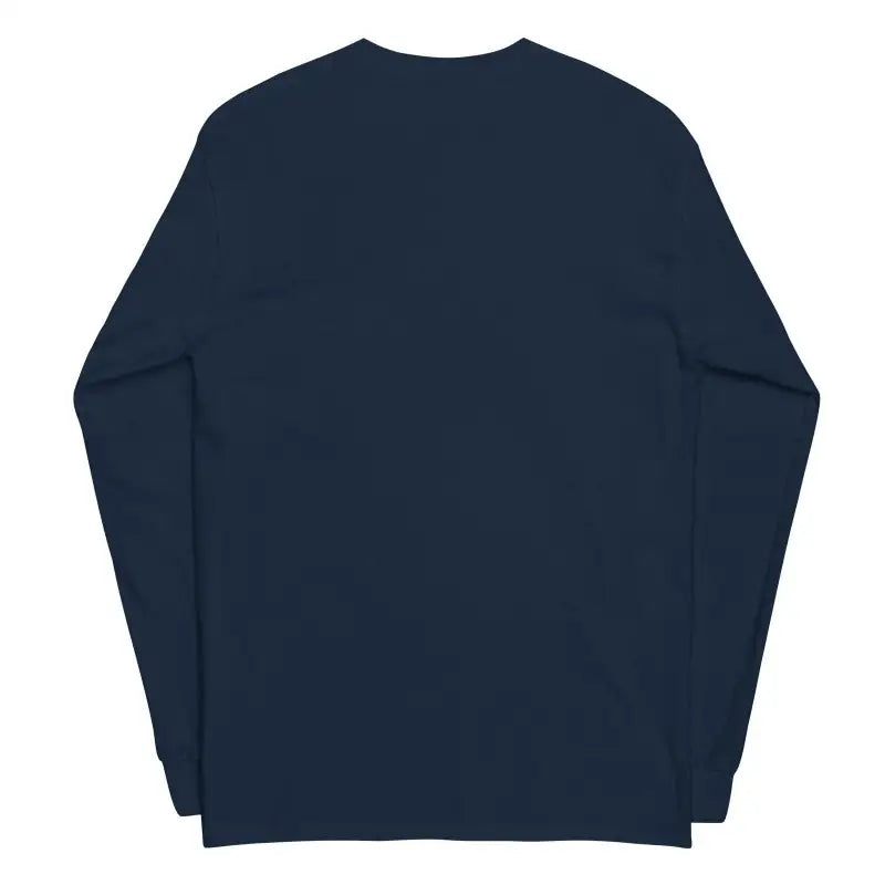 Navy blue long-sleeve tee for men featuring Shadows of Intrigue in a classic horror design