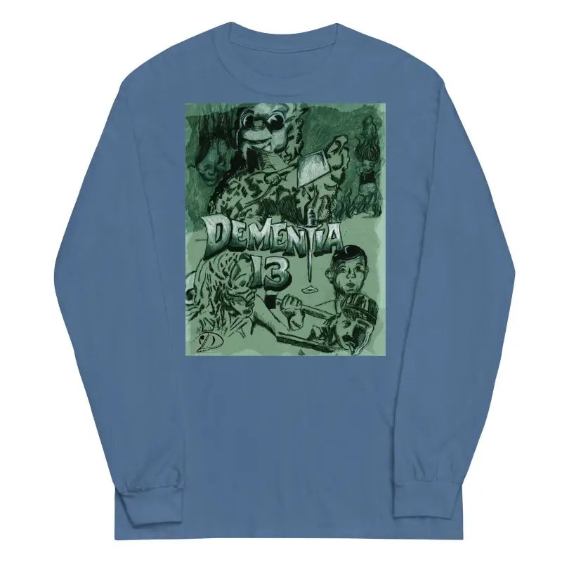 Blue men’s long-sleeve tee featuring a green horror graphic and DEMENTIA text on back