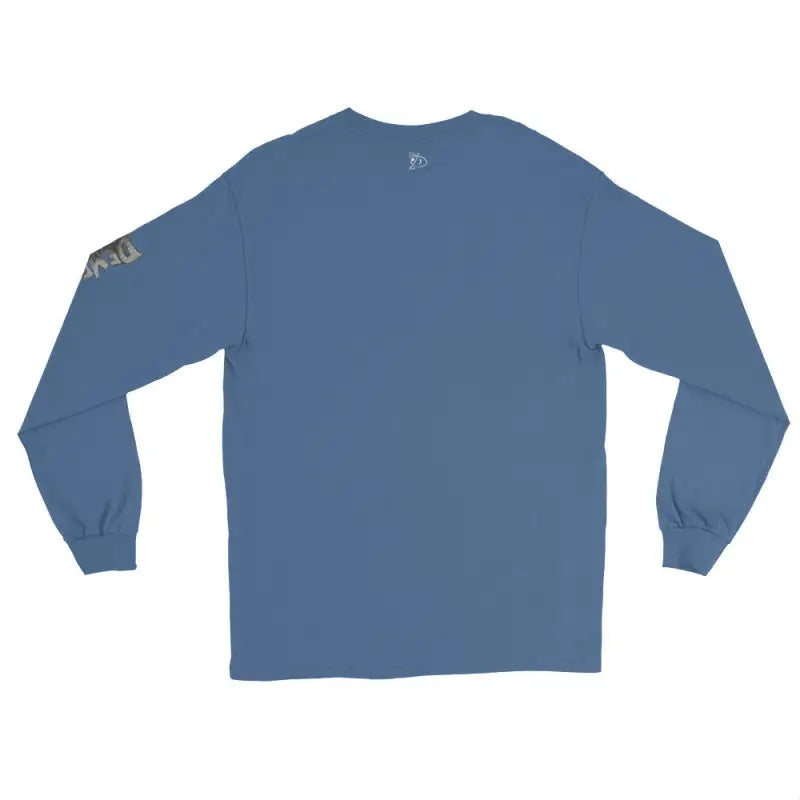 Blue long-sleeve tee for men featuring a patch, inspired by classic horror themes