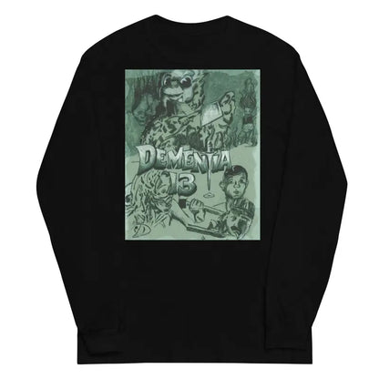 Black long-sleeve tee featuring a green artistic design, inspired by classic horror themes