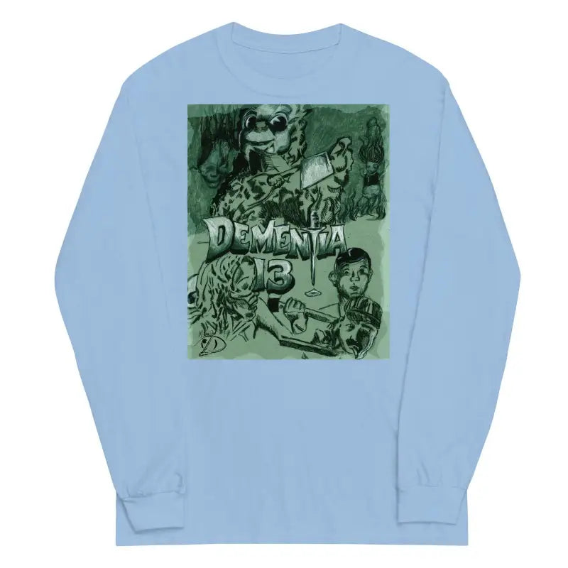 Light blue long-sleeve tee with green horror graphic design featuring Dementia text