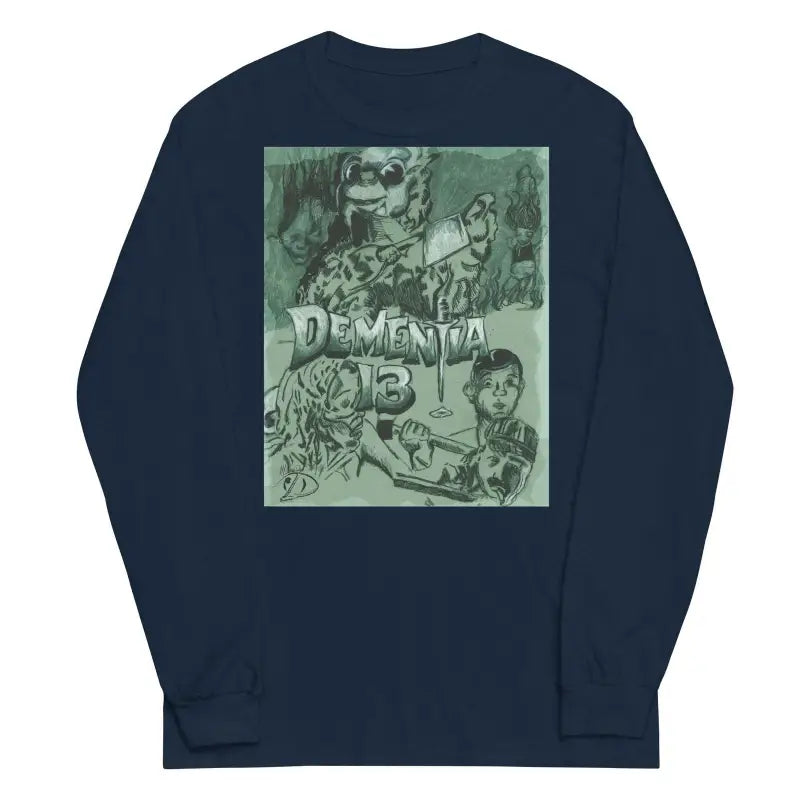 Navy blue men’s long-sleeve tee featuring green-tinted artwork for classic horror fans