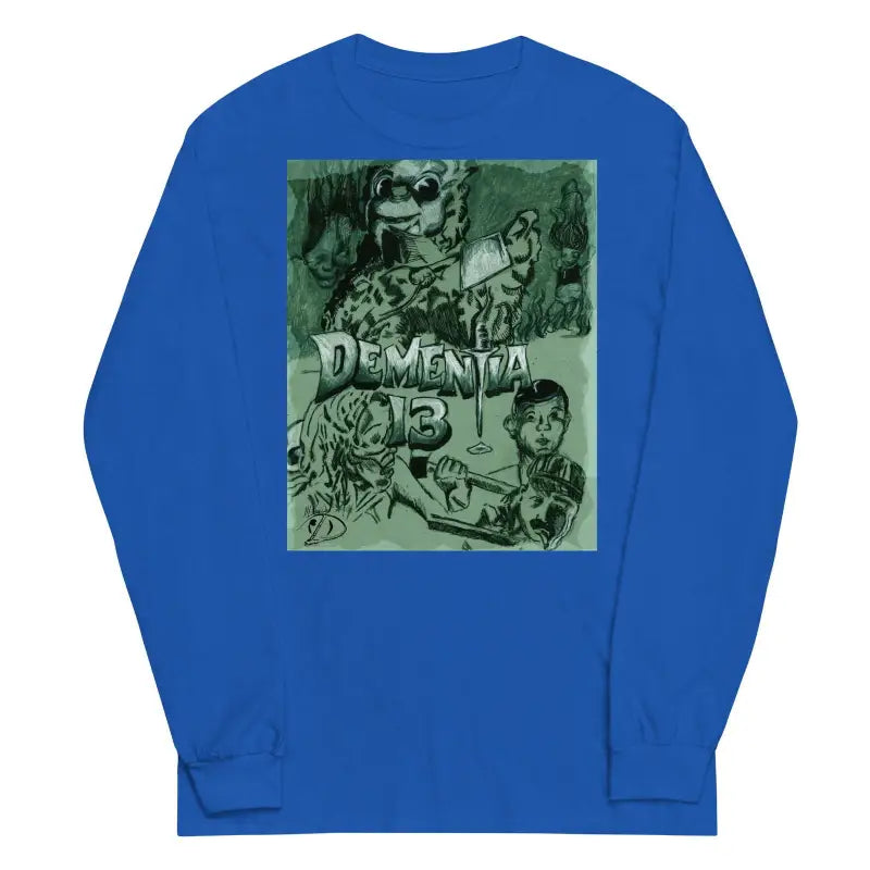 Royal blue long-sleeve tee featuring green horror graphic, perfect for classic horror fans