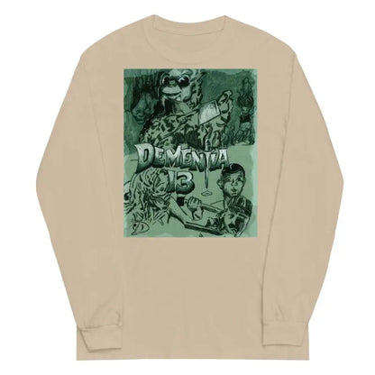 Beige men’s long-sleeve tee featuring green horror graphic design with the word DEMENTIA