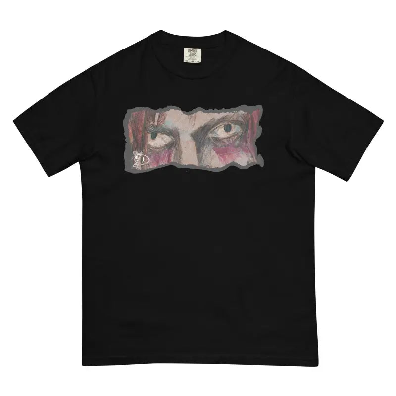 Black garment-dyed heavyweight t-shirt featuring an artistic eye design on the chest