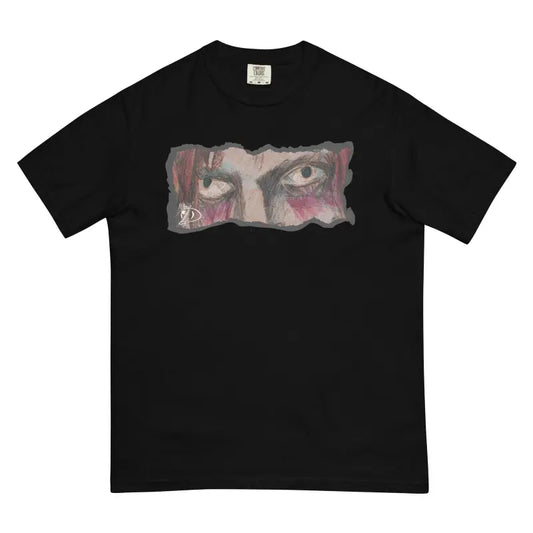 Black garment-dyed heavyweight t-shirt featuring an artistic eye design on the chest