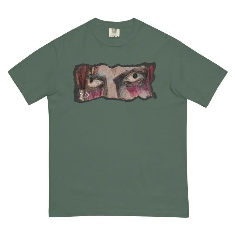 Olive green unisex garment-dyed heavyweight t-shirt with artistic eye design in red and black