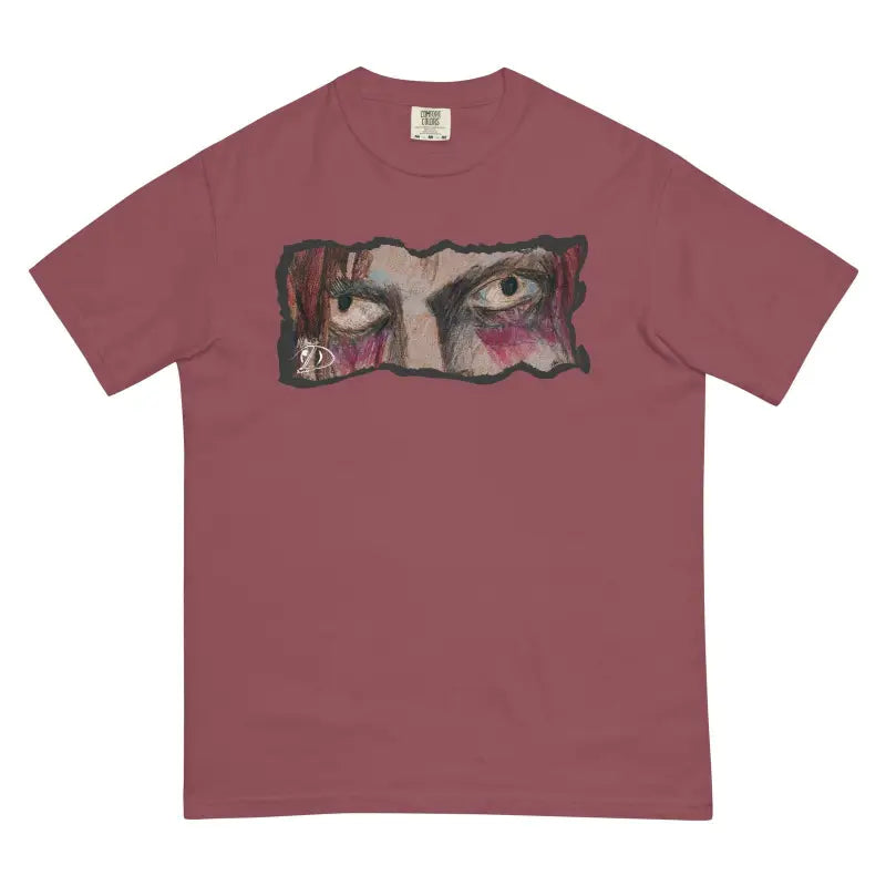 Mauve garment-dyed heavyweight t-shirt featuring an artistic print of intense eyes