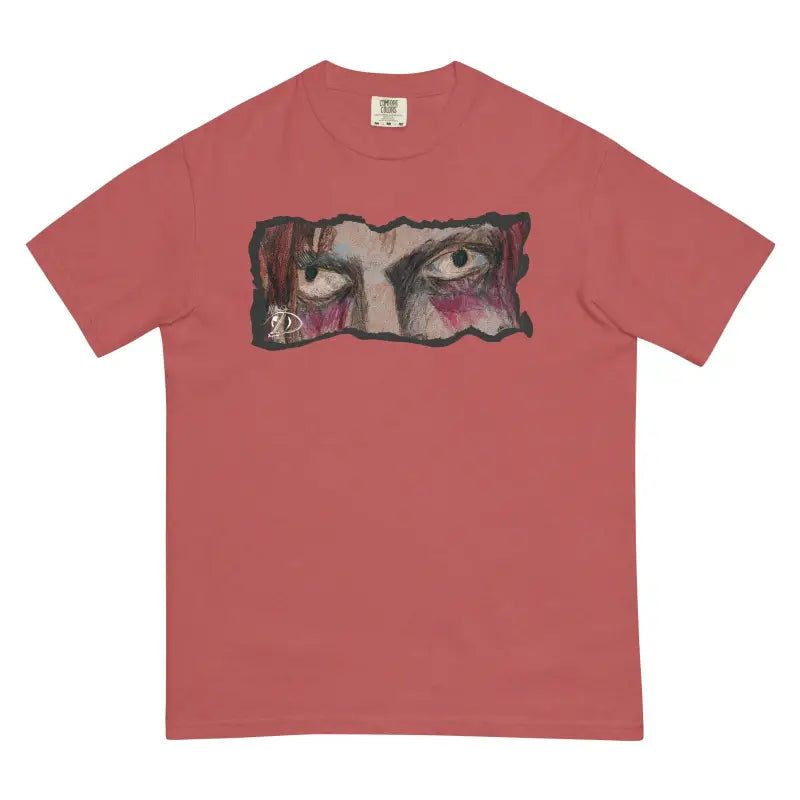 Pink unisex garment-dyed heavyweight t-shirt featuring intense eyes artistic print