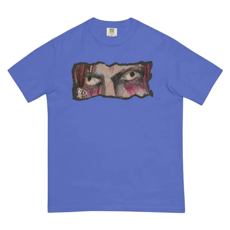 Blue garment-dyed heavyweight t-shirt featuring an artistic eye design on the front