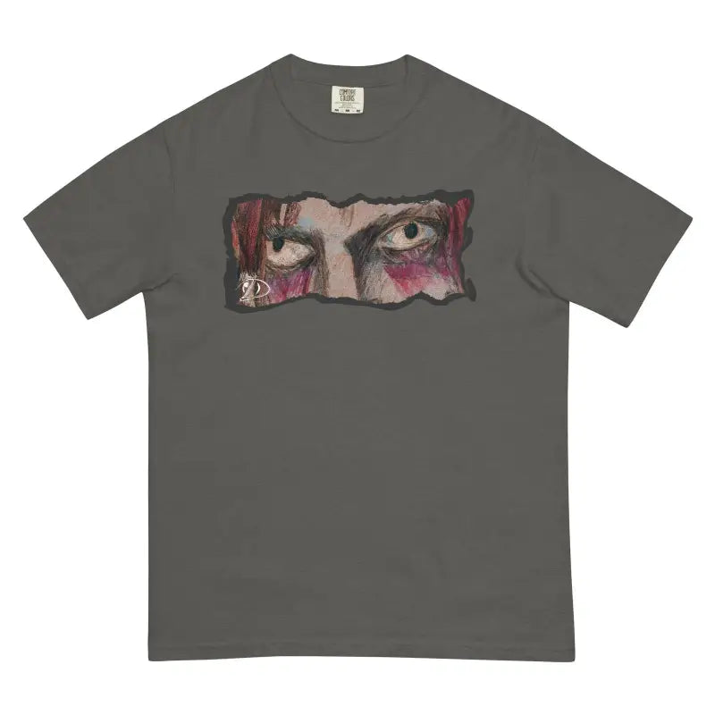 Grey garment-dyed heavyweight t-shirt with artistic eyes print and red accents