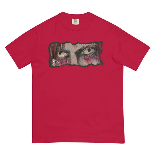 Red unisex garment-dyed heavyweight t-shirt with artistic eye design on chest